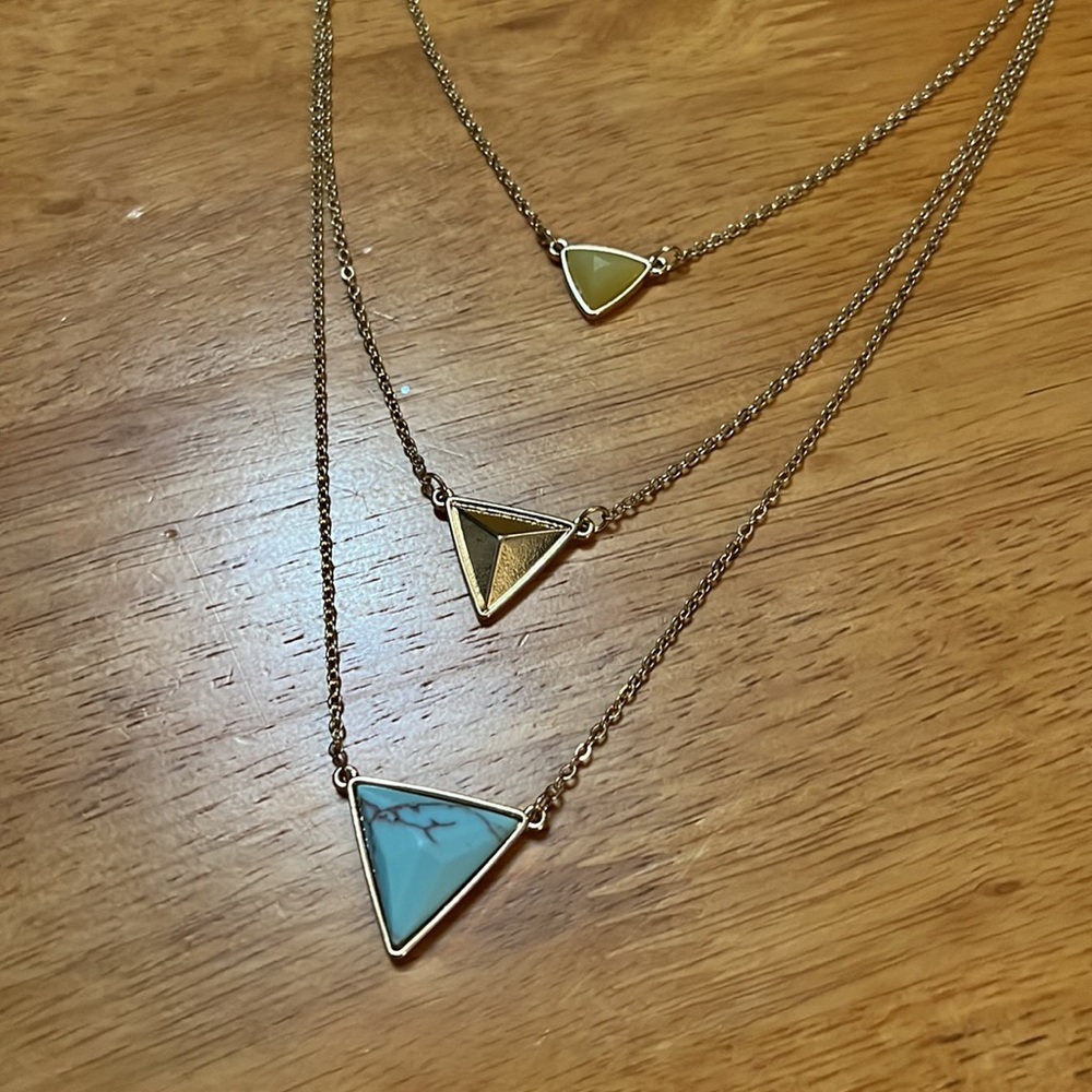 Trendy 3 Tiered Triangle Layered Adjustable Necklace Gold Tone Stone